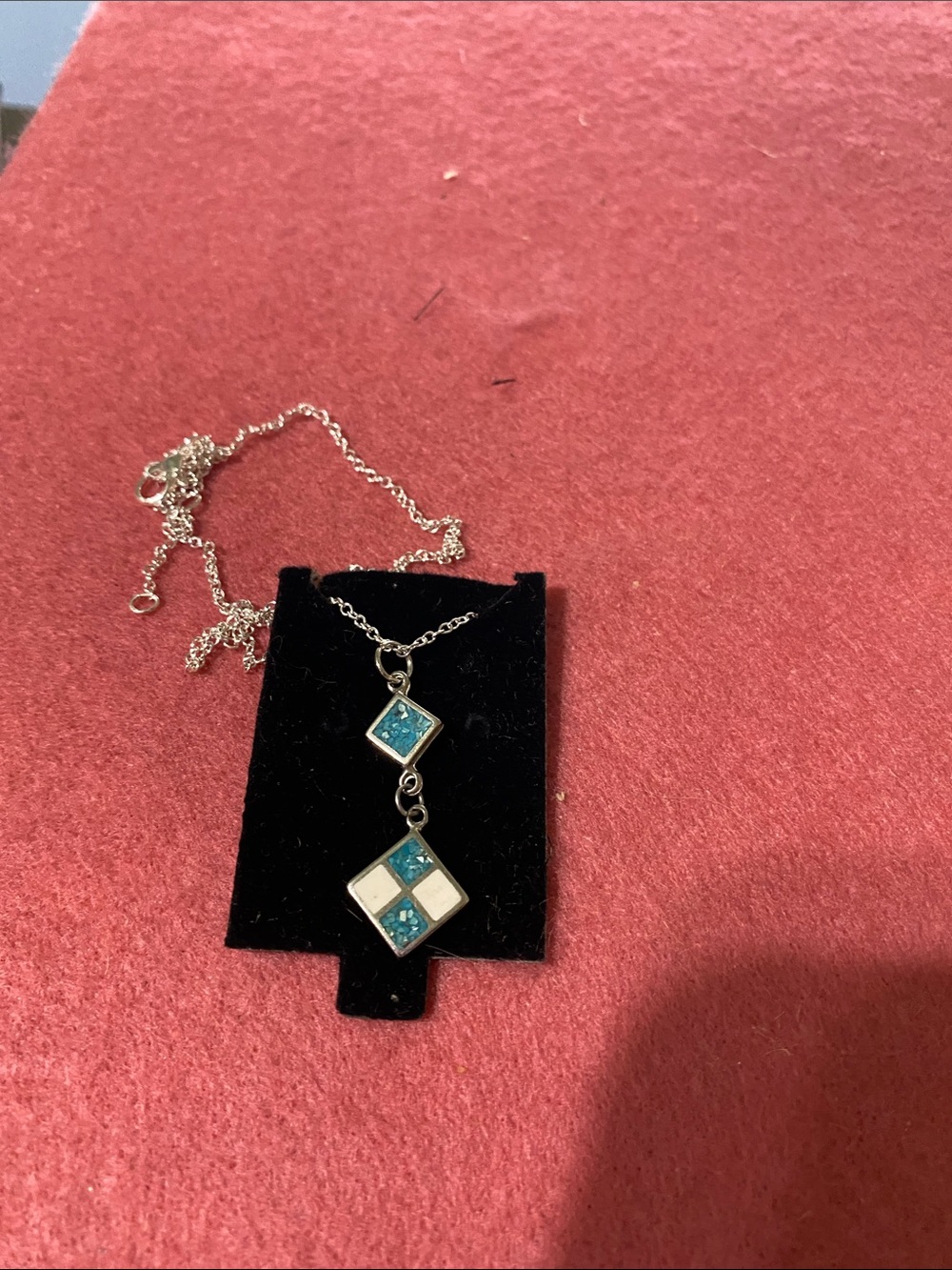 Silver-tone Necklace with Turquoise and White Inlay Pendant